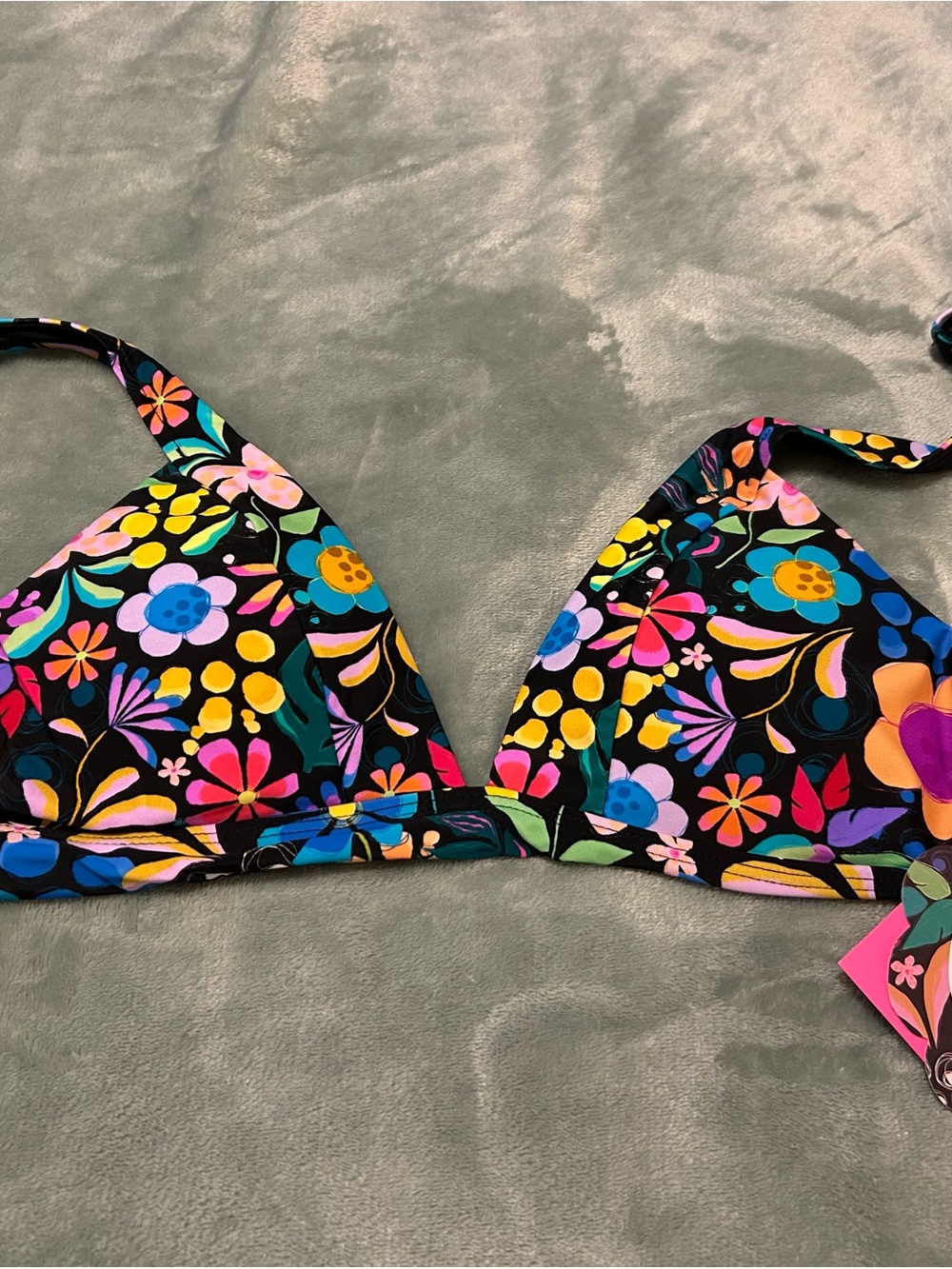 Infamous Swim/Kasey Rainbow Women’s Black Floral Lola Triangle Bikini Top Size L